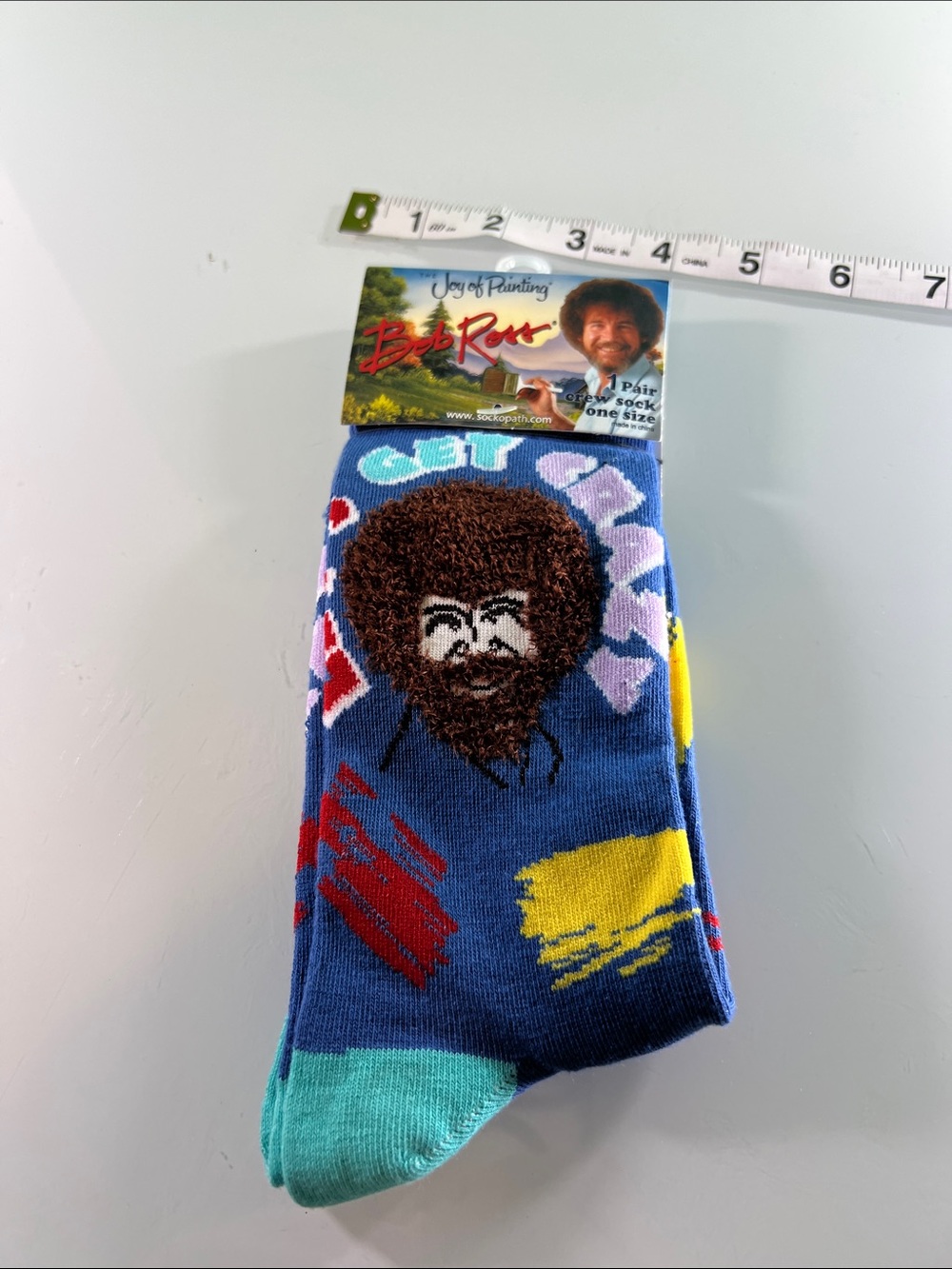 Hot Sox Men’s Blue Crew Socks with Bob Ross Portrait